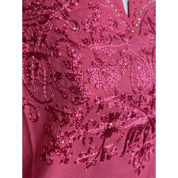 Pink Indian Cotton Embroidered Kurti Tunic‎ Size XXL Flowy Art To Wear Lagenlook - Picture 4 of 12